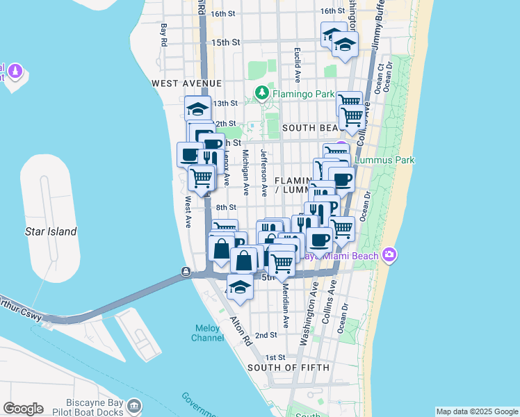 map of restaurants, bars, coffee shops, grocery stores, and more near 726 Jefferson Avenue in Miami Beach