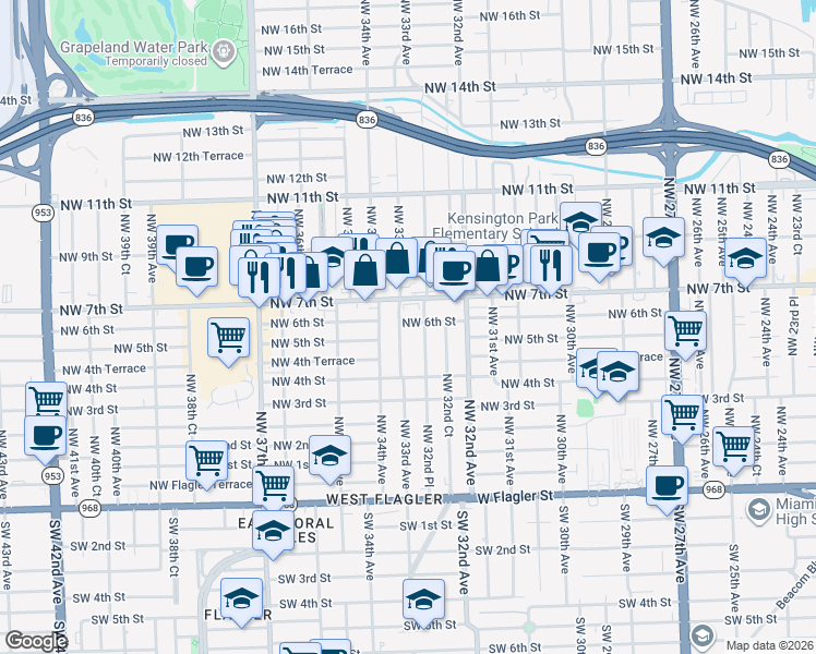 map of restaurants, bars, coffee shops, grocery stores, and more near 521 Northwest 33rd Avenue in Miami