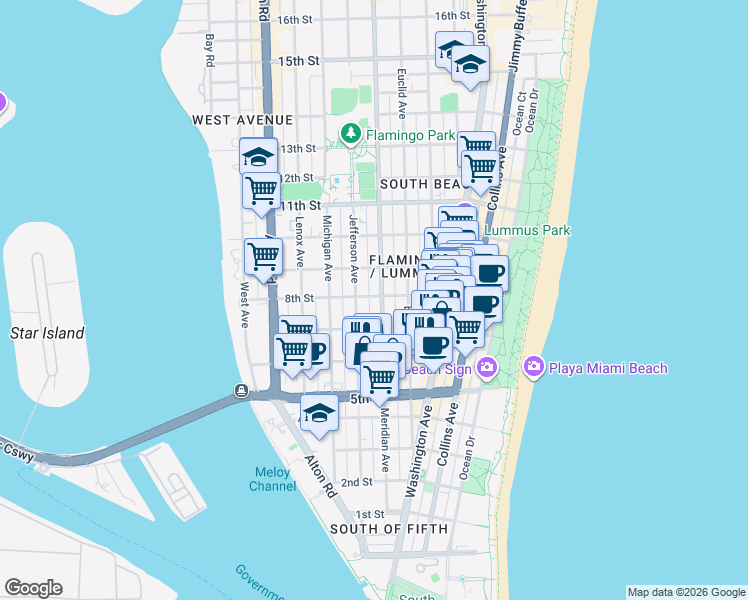 map of restaurants, bars, coffee shops, grocery stores, and more near 719 Meridian Avenue in Miami Beach