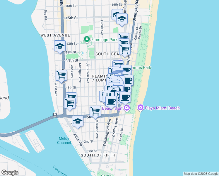map of restaurants, bars, coffee shops, grocery stores, and more near 719 Euclid Avenue in Miami Beach