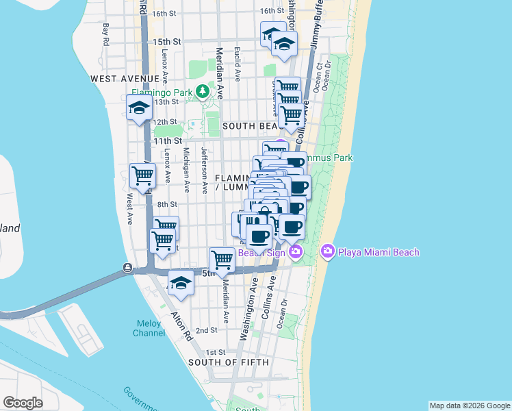 map of restaurants, bars, coffee shops, grocery stores, and more near 719 Euclid Avenue in Miami Beach