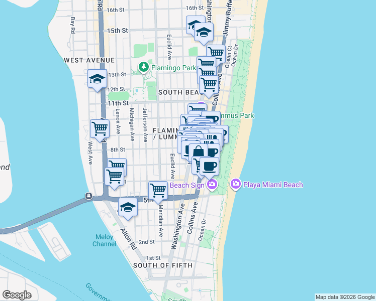 map of restaurants, bars, coffee shops, grocery stores, and more near in Miami Beach