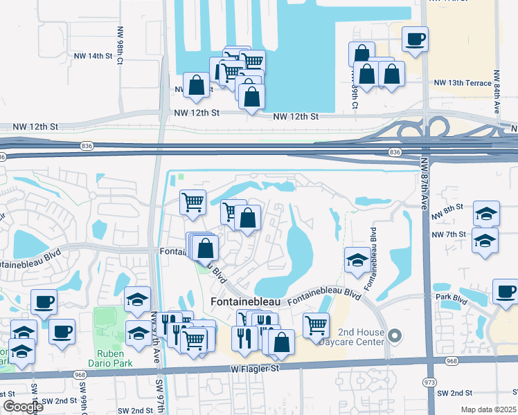 map of restaurants, bars, coffee shops, grocery stores, and more near 9419 Fontainebleau Boulevard in Miami