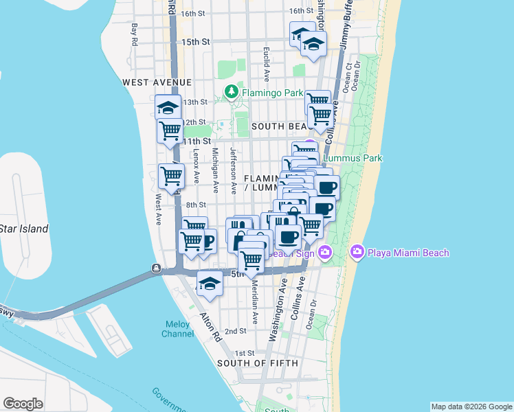 map of restaurants, bars, coffee shops, grocery stores, and more near 719 Meridian Avenue in Miami Beach