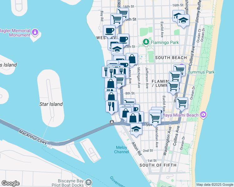 map of restaurants, bars, coffee shops, grocery stores, and more near in Miami Beach