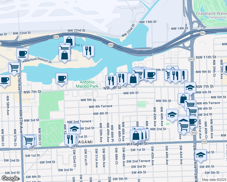 map of restaurants, bars, coffee shops, grocery stores, and more near 592 Northwest 48th Place in Miami