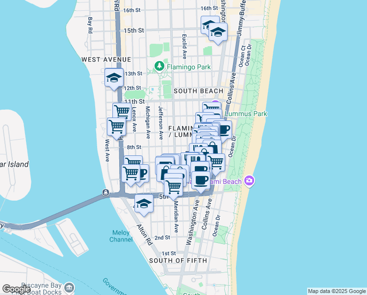 map of restaurants, bars, coffee shops, grocery stores, and more near 719 Meridian Avenue in Miami Beach