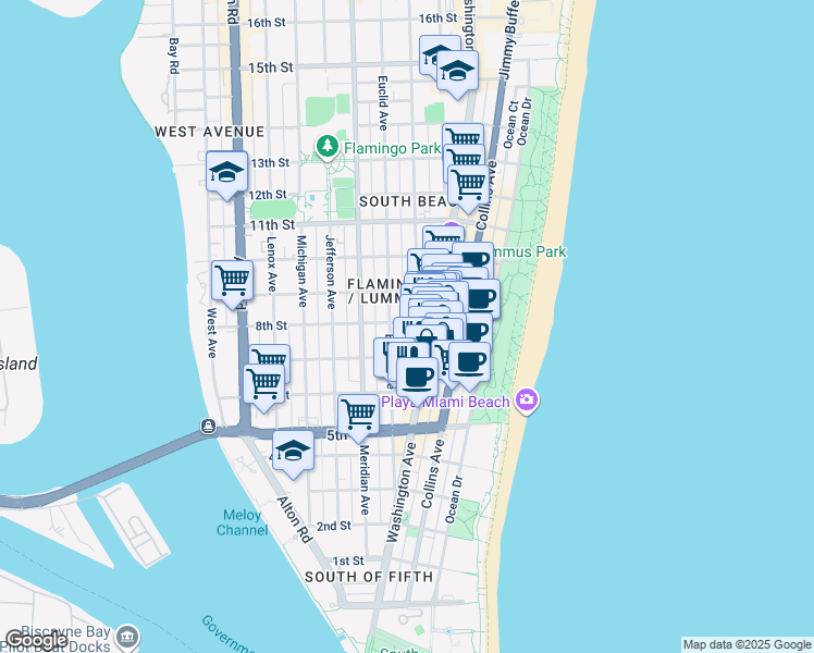 map of restaurants, bars, coffee shops, grocery stores, and more near 719 Euclid Avenue in Miami Beach