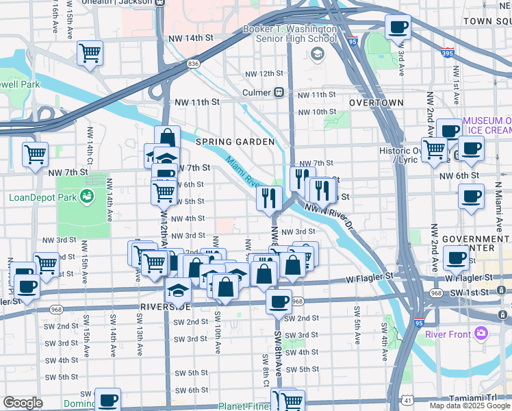 map of restaurants, bars, coffee shops, grocery stores, and more near in Miami