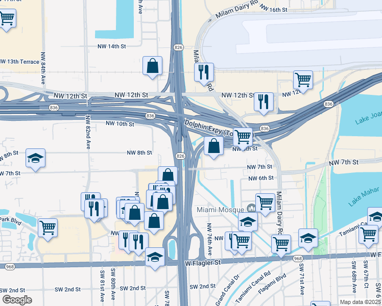 map of restaurants, bars, coffee shops, grocery stores, and more near 700-782 Northwest 76th Avenue in Miami