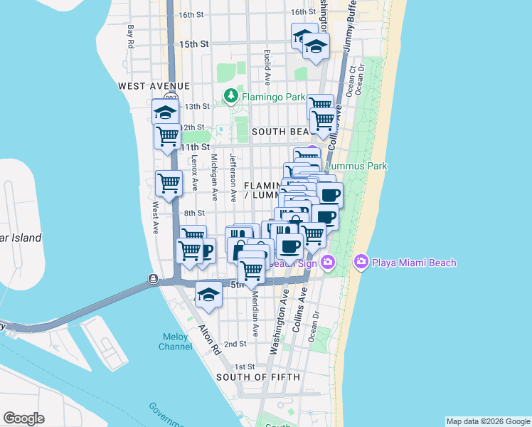 map of restaurants, bars, coffee shops, grocery stores, and more near 760 Euclid Avenue in Miami Beach