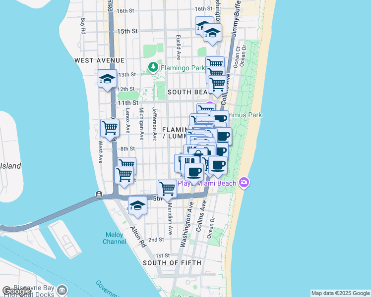 map of restaurants, bars, coffee shops, grocery stores, and more near 719 Euclid Avenue in Miami Beach