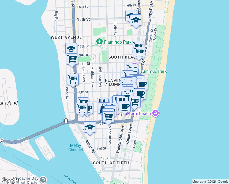 map of restaurants, bars, coffee shops, grocery stores, and more near 719 Meridian Avenue in Miami Beach