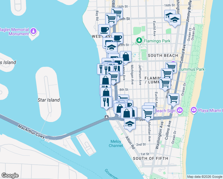 map of restaurants, bars, coffee shops, grocery stores, and more near in Miami Beach