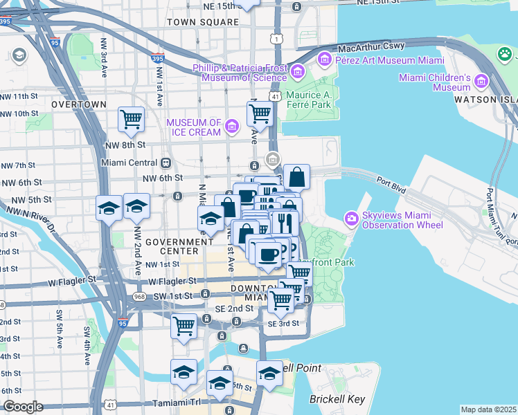 map of restaurants, bars, coffee shops, grocery stores, and more near 404 Northeast 2nd Avenue in Miami
