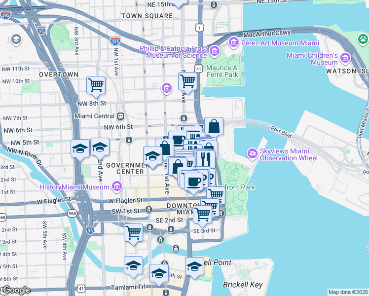 map of restaurants, bars, coffee shops, grocery stores, and more near 404 Northeast 2nd Avenue in Miami