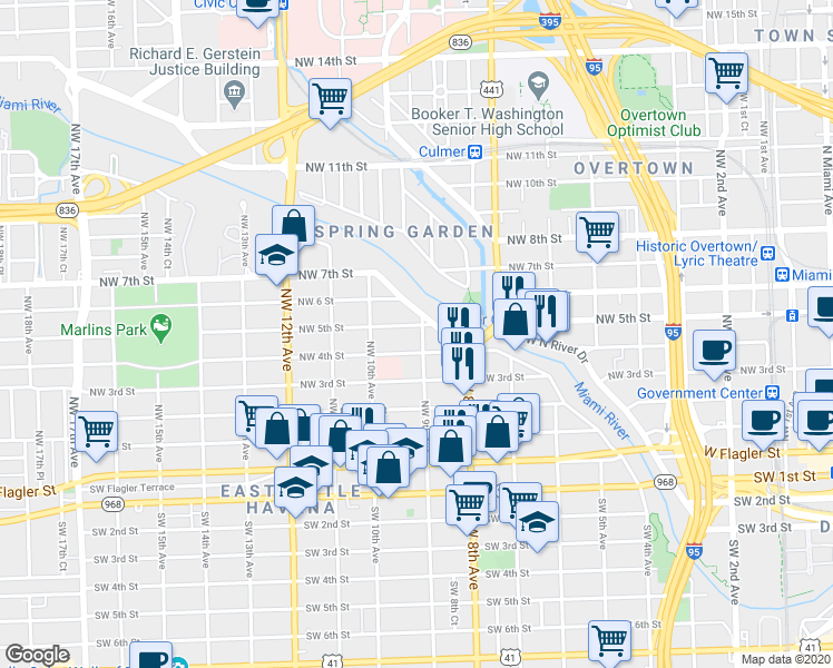 map of restaurants, bars, coffee shops, grocery stores, and more near in Miami