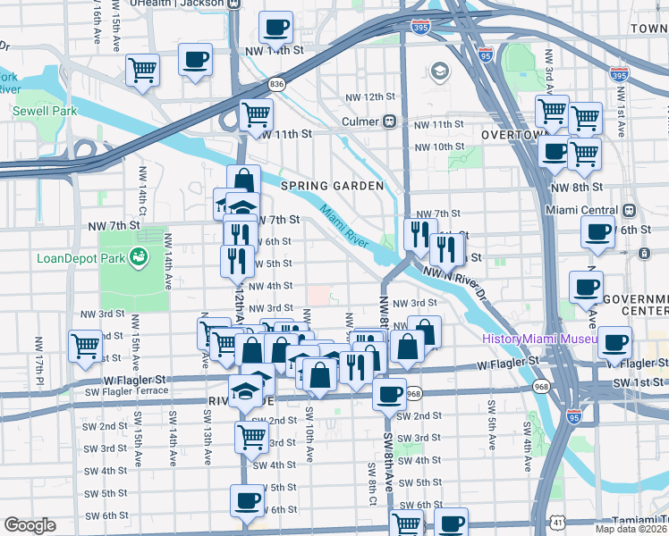 map of restaurants, bars, coffee shops, grocery stores, and more near in Miami