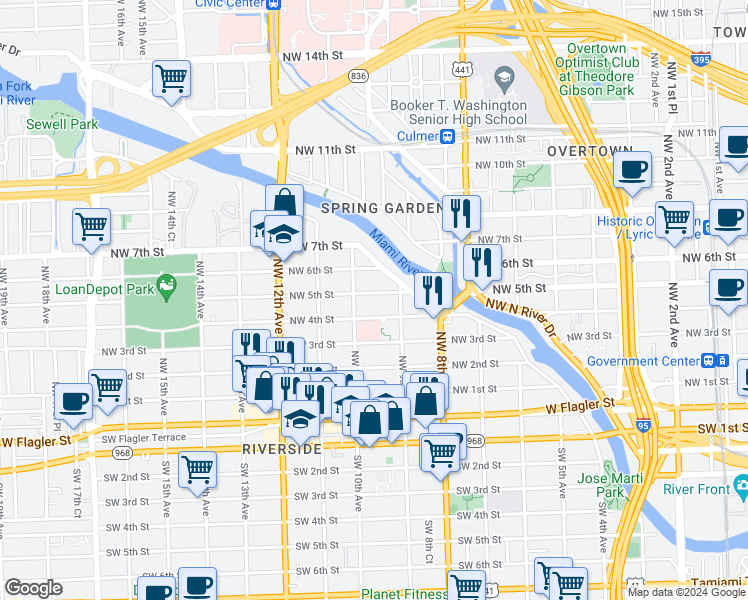map of restaurants, bars, coffee shops, grocery stores, and more near 977 Northwest 4th Street in Miami