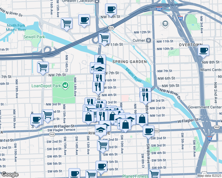 map of restaurants, bars, coffee shops, grocery stores, and more near 1057 Northwest 4th Street in Miami