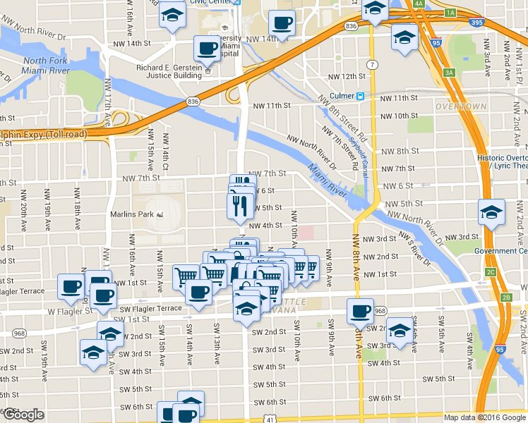 map of restaurants, bars, coffee shops, grocery stores, and more near 1151 Northwest 4th Street in Miami