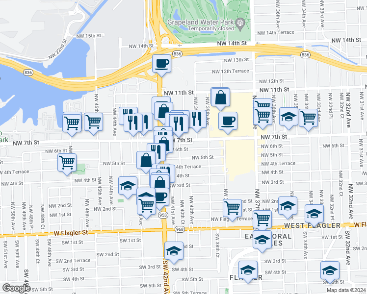 map of restaurants, bars, coffee shops, grocery stores, and more near 4021 Northwest 5th Street in Miami