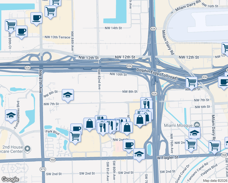 map of restaurants, bars, coffee shops, grocery stores, and more near 8075 Northwest 7th Street in Miami