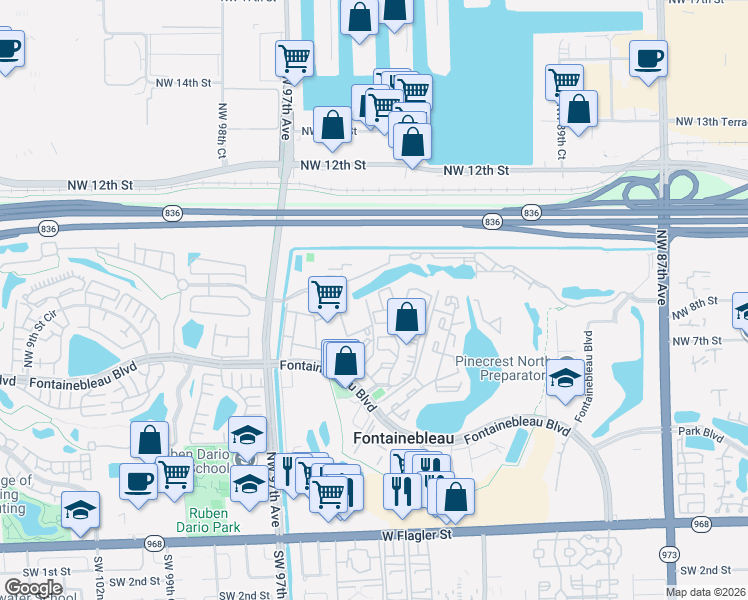 map of restaurants, bars, coffee shops, grocery stores, and more near 9435 Fontainebleau Boulevard in Miami