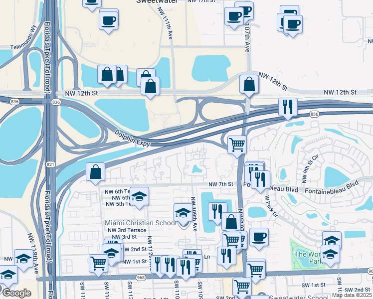 map of restaurants, bars, coffee shops, grocery stores, and more near 10871 Northwest 7th Street in Miami