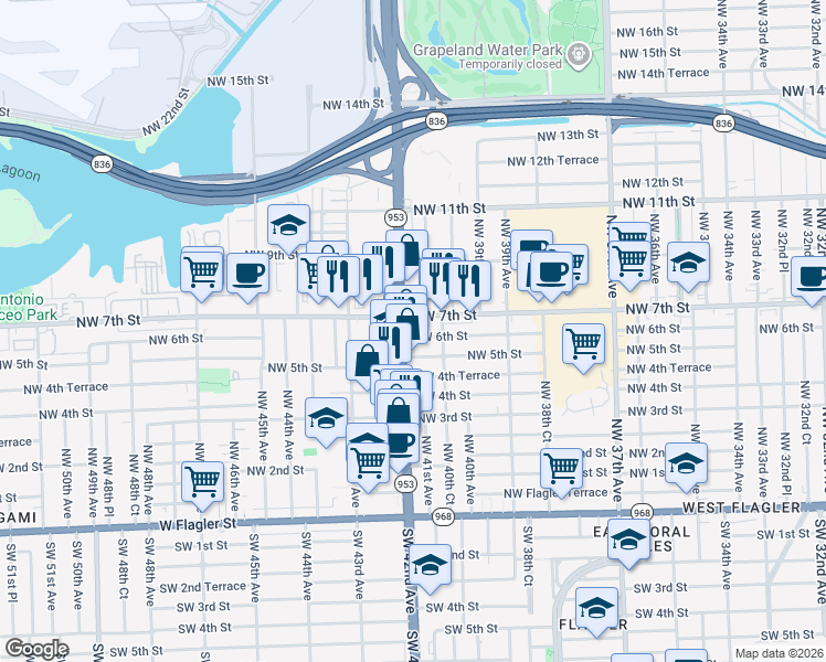 map of restaurants, bars, coffee shops, grocery stores, and more near 4111 Northwest 5th Street in Miami