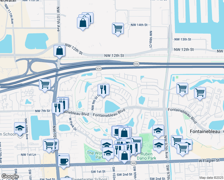map of restaurants, bars, coffee shops, grocery stores, and more near 10040 Northwest 9th Street Circle in Miami