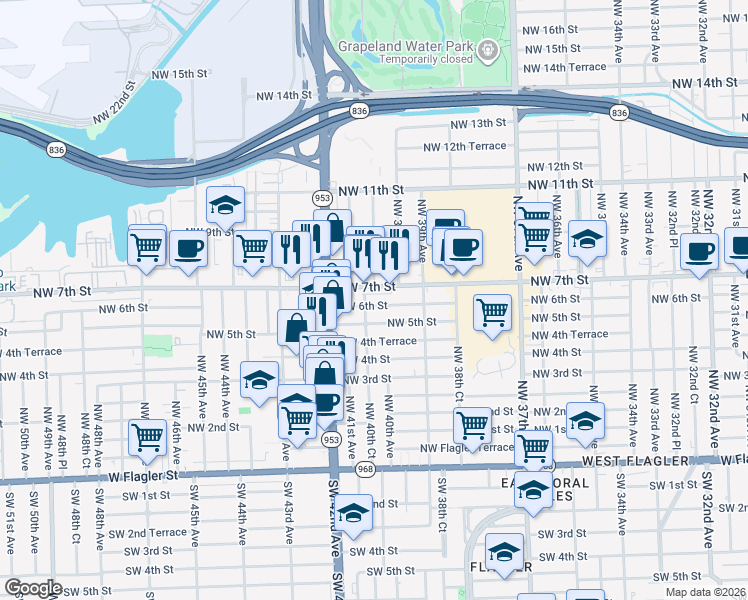 map of restaurants, bars, coffee shops, grocery stores, and more near 4021 Northwest 5th Street in Miami