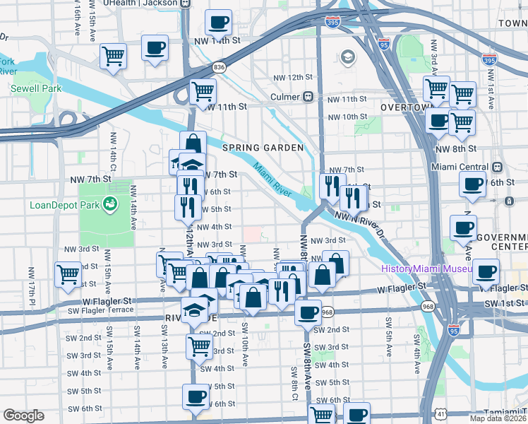 map of restaurants, bars, coffee shops, grocery stores, and more near in Miami