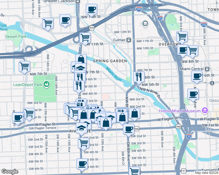 map of restaurants, bars, coffee shops, grocery stores, and more near 977 Northwest 4th Street in Miami