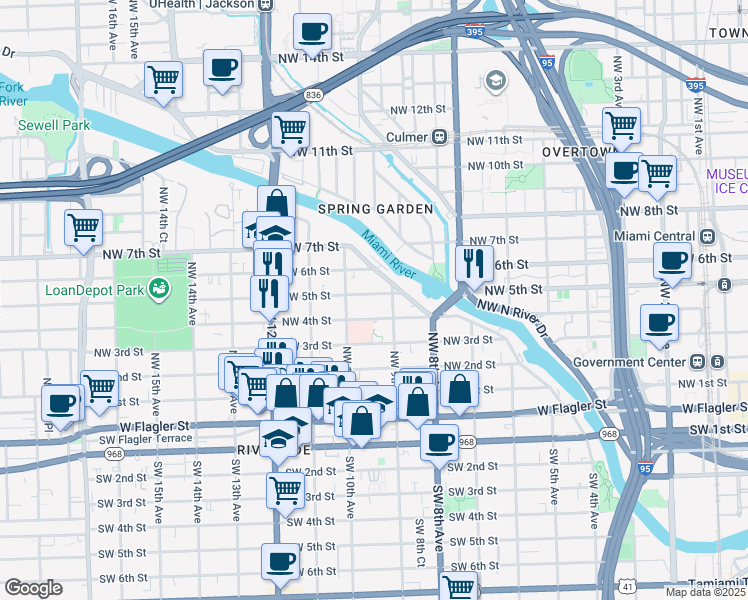 map of restaurants, bars, coffee shops, grocery stores, and more near 977 Northwest 4th Street in Miami