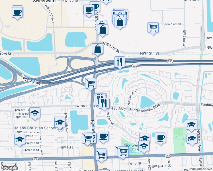 map of restaurants, bars, coffee shops, grocery stores, and more near 946 Northwest 106th Avenue Circle in Miami