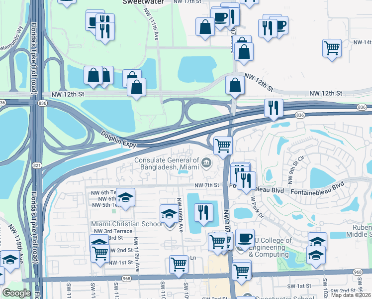 map of restaurants, bars, coffee shops, grocery stores, and more near 10843 Northwest 7th Street in Miami