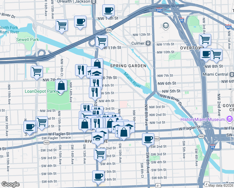 map of restaurants, bars, coffee shops, grocery stores, and more near 1044 Northwest 6 Street in Miami