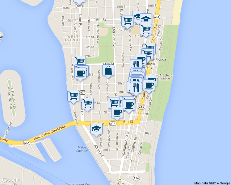 map of restaurants, bars, coffee shops, grocery stores, and more near in Miami Beach
