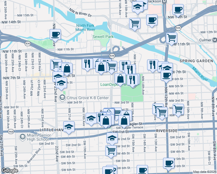 map of restaurants, bars, coffee shops, grocery stores, and more near 1700 Northwest 6 Street in Miami
