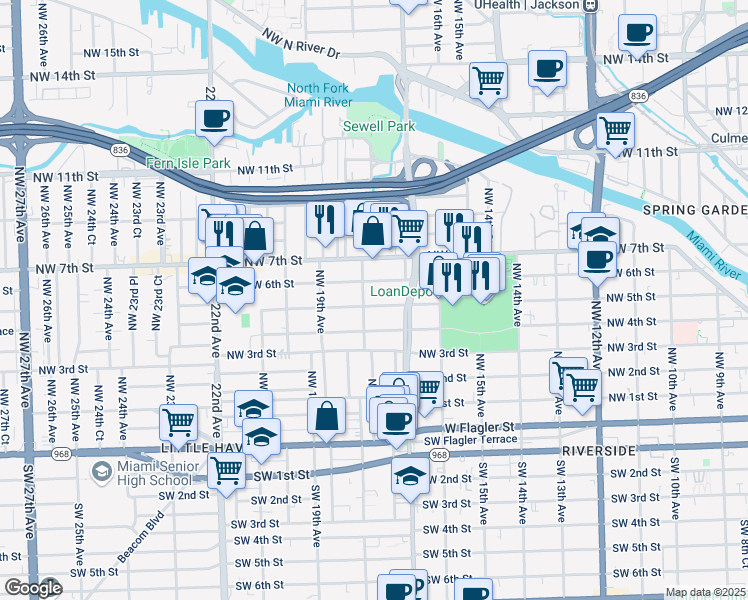 map of restaurants, bars, coffee shops, grocery stores, and more near 1777 Northwest 6 Street in Miami