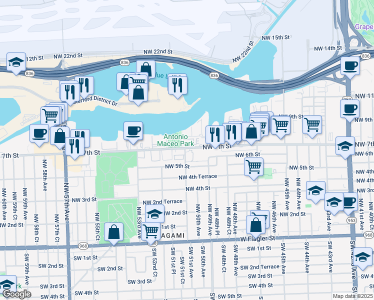 map of restaurants, bars, coffee shops, grocery stores, and more near 5135 Northwest 7th Street in Miami