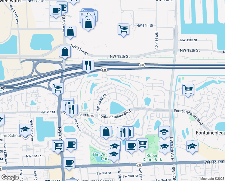map of restaurants, bars, coffee shops, grocery stores, and more near 10255 Northwest 9th Street Circle in Miami