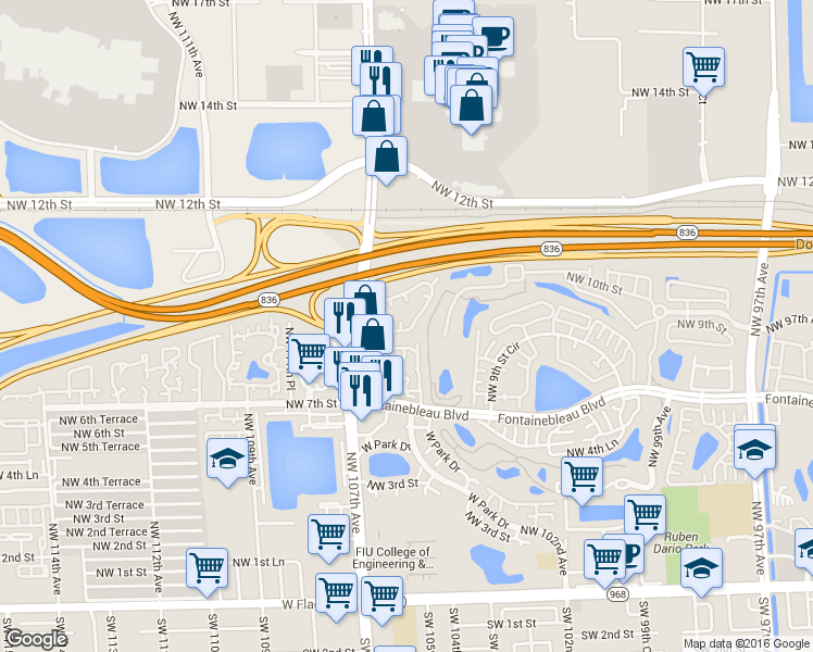 map of restaurants, bars, coffee shops, grocery stores, and more near 946 Northwest 106th Avenue Circle in Miami