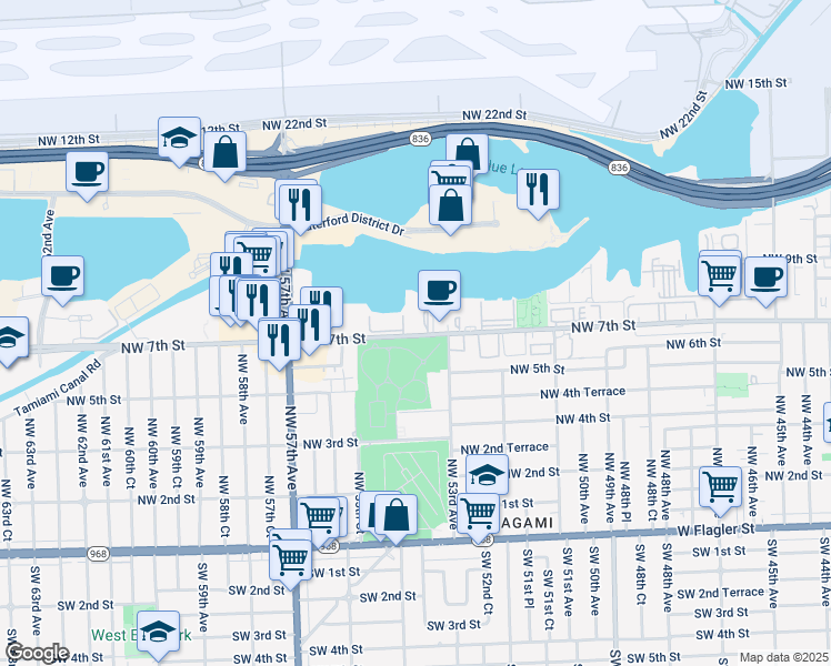 map of restaurants, bars, coffee shops, grocery stores, and more near 5375 Northwest 7th Street in Miami