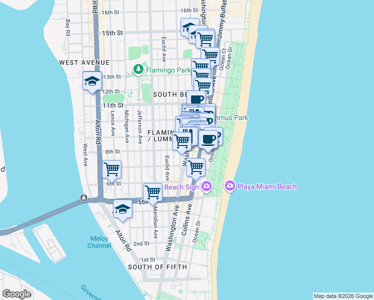map of restaurants, bars, coffee shops, grocery stores, and more near Washington Ave & 8th St in Miami Beach
