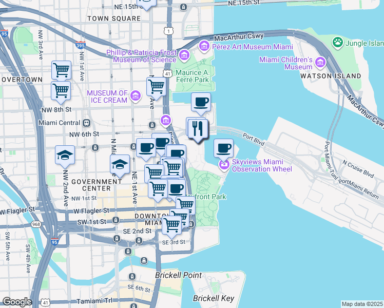 map of restaurants, bars, coffee shops, grocery stores, and more near 501 Biscayne Boulevard in Miami