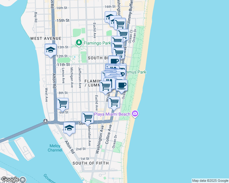 map of restaurants, bars, coffee shops, grocery stores, and more near 820 Jimmy Buffett Memorial Highway in Miami Beach