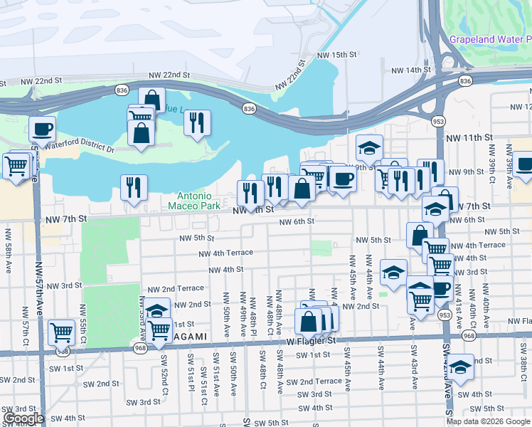 map of restaurants, bars, coffee shops, grocery stores, and more near 4841 Northwest 7th Street in Miami