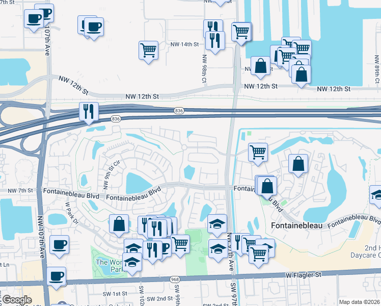 map of restaurants, bars, coffee shops, grocery stores, and more near 9826 Northwest 10th Street in Miami